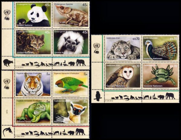 UNITED NATIONS (UN) 2012 - FAUNA - ENDANGERED SPECIES - YV 1277/80 (NY) 797/800 (G) 757/60 (V) - 12 VALUES - MNH