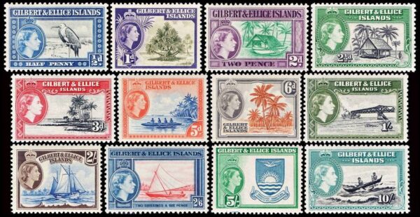 GILBERT AND ELLICE/STAMPS, 1956 - ELIZABETH II - BIRDS - VIEWS - NATIVES - BOATS - BRIDGE - SHIELD - YV 59/70 - 12 VALUES - MNH