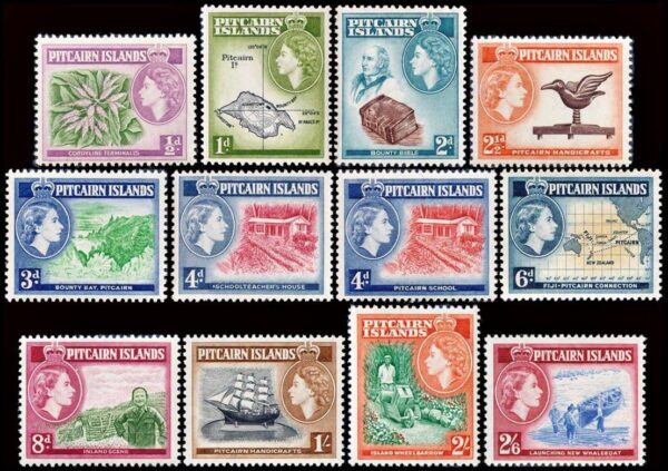 PITCAIRN/SELLOS, 1957-1958 - SERIE SELLOS ORDINARIOS - ELIZABETH II - FLORES - MAPAS - BARCOS - INDIGENAS - YV 20/31 - 12 VALORES- NUEVO - MINT