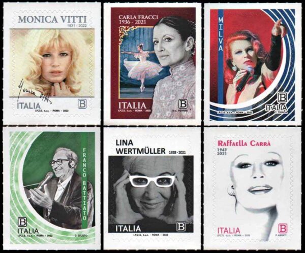 ITALIA/SELLOS, 2022 - PERSONALIDADES ARTISTICAS - EXCELENCIAS ITALIANAS DEL ESPECTACULO - DANZA - CINE - MUSICA - YV 4226/30 - 6 VALORES - AUTOADHESIVOS