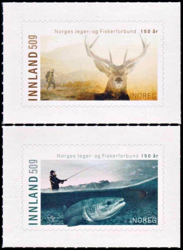 NORUEGA/SELLOS, 2021 - FAUNA - CAZA Y PESCA - YV 1990/91 - 2 VALORES - AUTOADHESIVOS - NUEVO