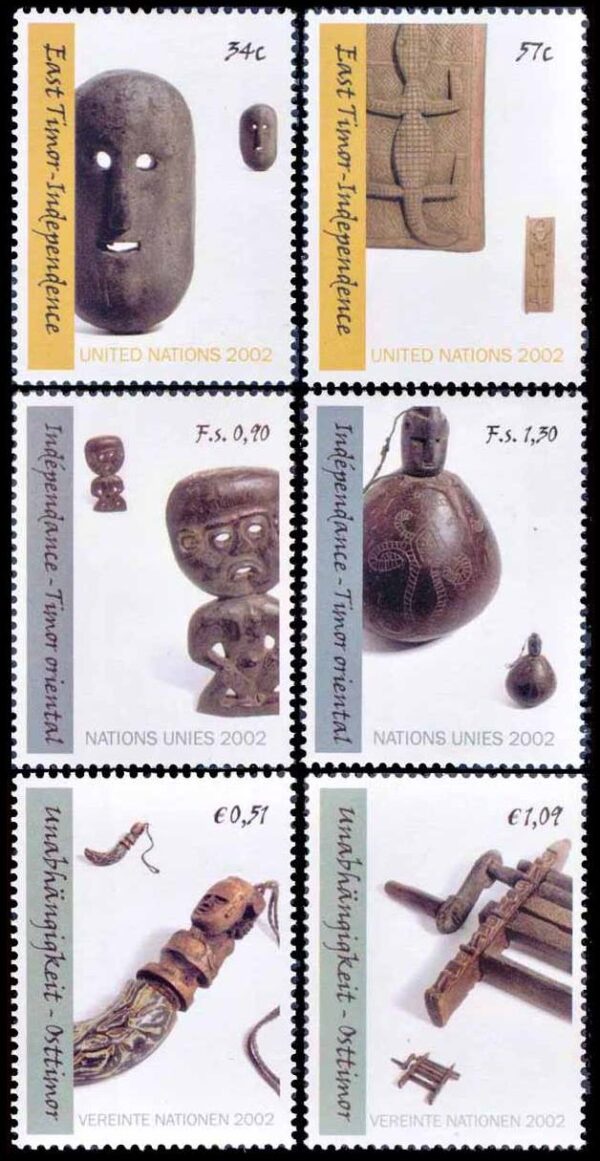 NACIONES UNIDAS (ONU) SELLOS, 2002 - TIMOR ORIENTAL - INDEPENDENCIA - ARTESANIAS - YV 876/77 (NY) 451/52 (G) 374/75 (V) - 6 VALORES - NUEVO