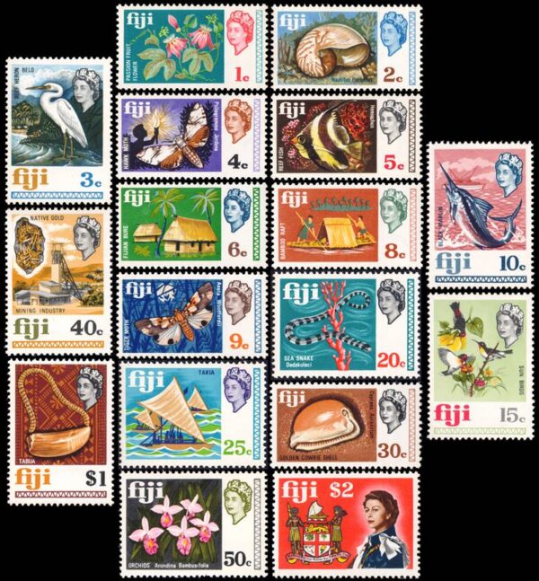 FIJI/SELLOS, 1969 - SERIE SELLOS ORDINARIOS - ELIZABETH II - AVES - PECES - CARACOLES - FLORES - MARIPOSAS - ESCUDO - YV 239/55 - 17 VALORES - NUEVO - MINT