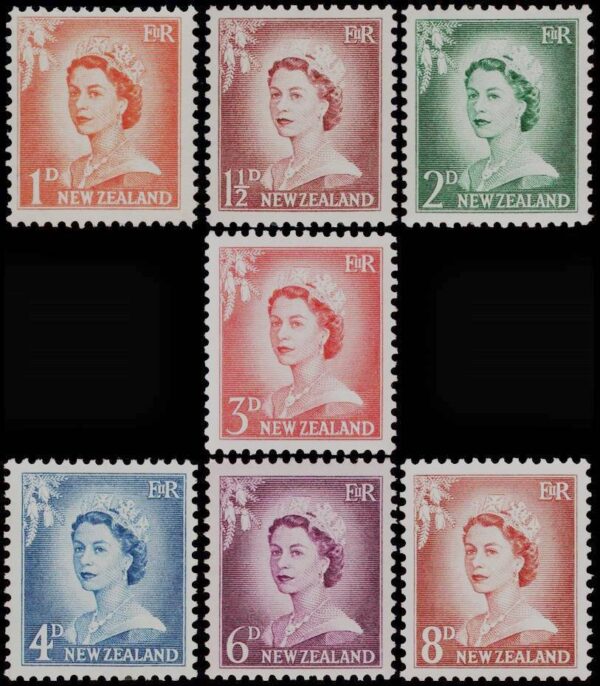 NUEVA ZELANDA/SELLOS 1956-1959 - SELLOS ORDINARIOS - ELIZABETH II - YV 352/355A - 7 VALORES - NUEVO - MINT