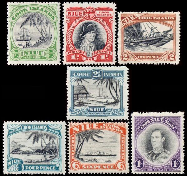 NIUE (NUEVA ZELANDA) SELLOS, 1944 - SELLOS ORDINARIOS - JORGE VI - BARCOS - VISTAS - CAPITAN COOK - YV 66/71 - 7 VALORES - NUEVO - MINT