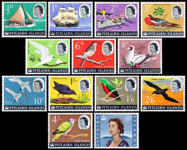 PITCAIRN/SELLOS, 1964-1965 - SERIE SELLOS ORDINARIOS - ELIZABETH II - AVES - BARCOS - YV 38/49A - 13 VALORES - NUEVO - MINT