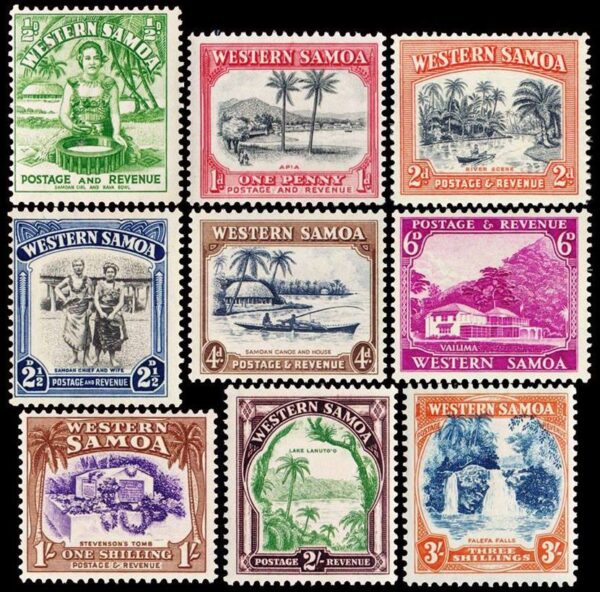 SAMOA OCCIDENTAL/SELLOS, 1935 - SERIE SELLOS ORDINARIOS - NATIVOS - VISTAS - CATARATAS - LAGOS - YV 121/29 - 9 VALORES - NUEVO - BISAGRA