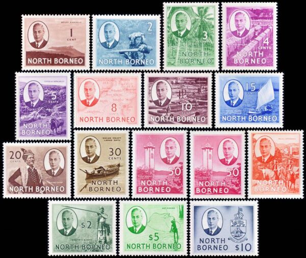 BORNEO DEL NORTE/SELLOS, 1950-1952 - SELLOS ORDINARIOS - JORGE VI - MAPAS - ESCUDO - NATIVOS - VISTAS - YV 280/94 - 16 VALORES - NUEVO - MINT