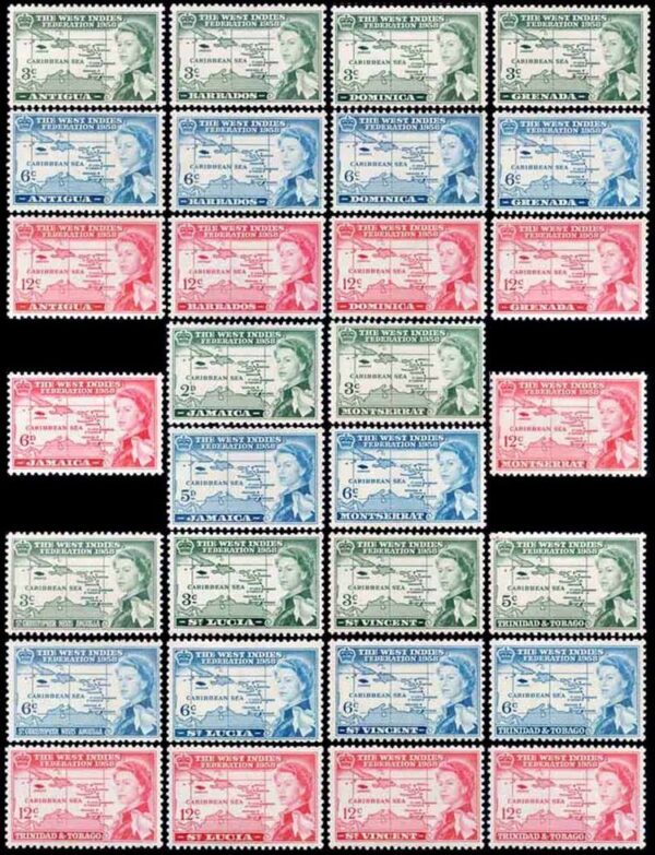 COLONIAS BRITANICAS/SELLOS, 1958 - ELIZABETH II - FEDERACION DE INDIAS OCCIDENTALES - SERIE OMNIBUS  - 30 VALORES - NUEVO - MINT