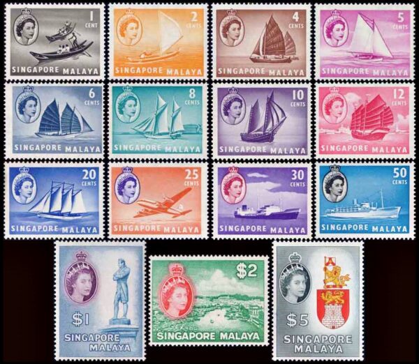 SINGAPUR/ESTADO MALAYO/SELLOS, 1955 - SELLOS ORDINARIOS - ELIZABETH II - BARCOS - ESCUDOS - YV 28-42 - 1 VALORES - NUEVO - MINT