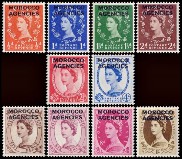 MOROCCO (ALL OFFICES) STAMPS, 1952-1954 – ORDINARY STAMPS – ISABEL II – 10 VALUES - HINGED