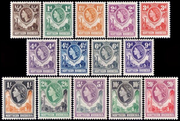 RODESIA DEL NORTE/SELLOS, 1953- ELIZABETH II - FAUNA - JIRAFAS - ELEFANTES - YV 59/72 - 14 VALORES - NUEVO - MINT