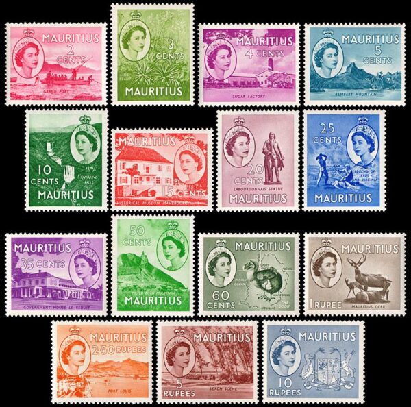 MAURITIUS/STAMPS, 1953-1954 – ORDINARY SERIES – ELIZABETH II – VIEWS – ARCHITECTURE – SHIELD – MAP – FAUNA – YV 241/255 – 15 VALUES - hinged