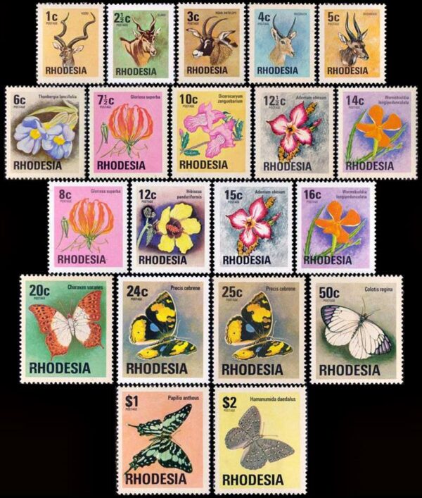 RHODESIA/STAMPS, 1974 - DEFINITIVES - FLORA AND FAUNA - YV 234/48 + 269/73 - 20 VALUES - MNH