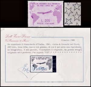 ITALIA/SELLOS, 1961 - VISITA DEL PRESIDENTE GRONCHI EN ARGENTINA URUGUAY Y PERU - MAPAS - AVIONES - YV 847A - 1 VALOR - CON CERTIFICADO - NUEVO - MINT