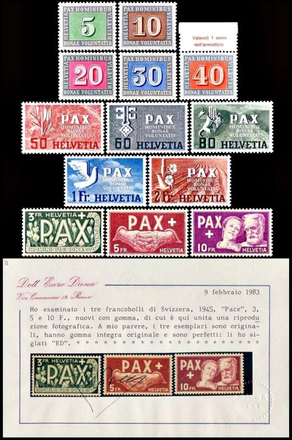 SUIZA/SELLOS, 1945 - SERIE DE LA PAZ - YV 405/17 - 13 VALORES - NUEVO - MINT - CERTIFICADO DE LOS VALORES ALTOS