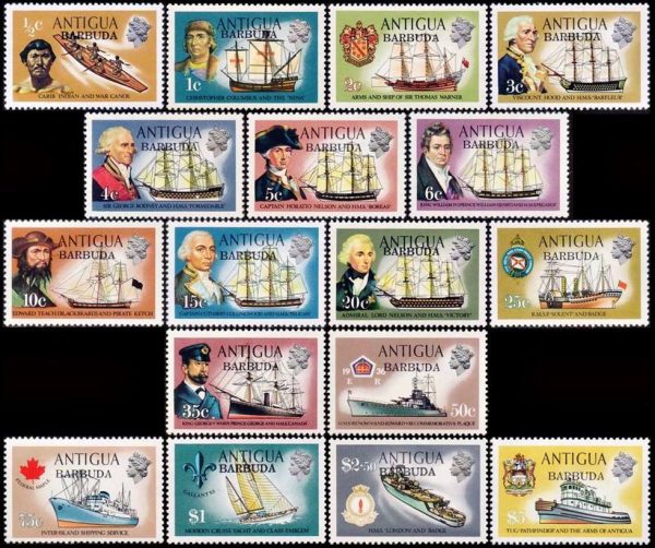 BARBUDA/SELLOS, 1973-1974 - SELLOS ORDINARIOS - ELIZABETH II - BARCOS - NAVEGANTES - YV 114/130 - 17 VALORES - NUEVO - MINT