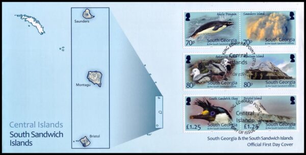 GEORGIAS DEL SUR/SOBRES - 2022 - ISLAS CENTRALES - PINGUINOS - VOLCANES - AVES MARINAS - YV 786/89 - 4 VALORES - SOBRE PRIMER DIA EMISION