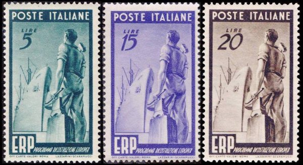 ITALY/STAMPS, 1949 – EUROPEAN RECONSTRUCTION PROGRAM – SHIPS – YV 539/41 – 3 VALUES – MNH