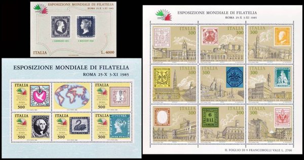 ITALIA/SELLOS, 1985 - EL SELLO EN EL SELLO - EXPOSICION ITALIA 85 - YV BF 1/3 - 3 BLOQUES - NUEVO - MINT