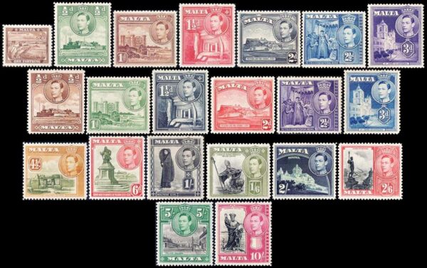 MALTA/SELLOS, 1938-1943 - JORGE VI - SAN PABLO - CATEDRALES - FUERTES - PALACIOS - ESTATUAS - PUERTO - YV 178/98 - 21 VALORES - NUEVO - BISAGRA