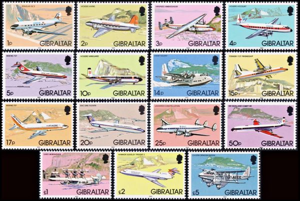 GIBRALTAR/SELLOS, 1982 – SELLOS ORDINARIOS - ELIZABETH II - AVIONES – YV 439/53 – 15VALORES – NUEVO