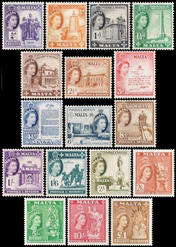 MALTA/SELLOS, 1956 - -SELLOS ORDINARIOS - ELIZABETH II - YV 239/55 - 17 VALORES