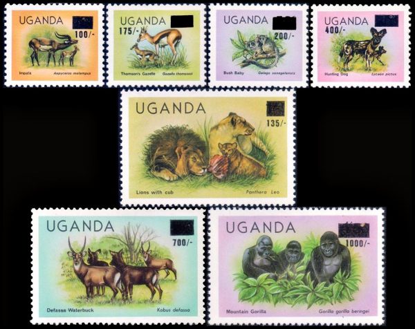 UGANDA/SELLOS, 1983 – SELLOS ORDINARIOS – FAUNA DE AFRICA - SELLOS SOBRECARGADOS – YV  334/340 – 7 VALORES – NUEVO – MINT