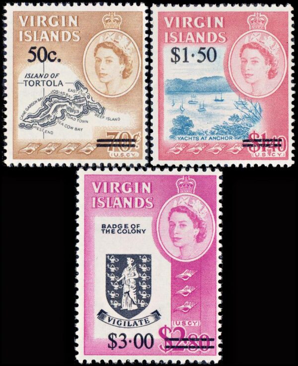 VIRGENES/SELLOS, 1966 - SELLOS ORDINARIOS - ELIZABETH II - SOBRECARGADOS - MAPAS - ESCUDO - YV 71/73 - 3 VALORES - NUEVO - MINT