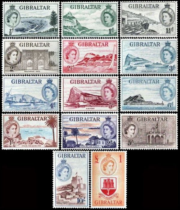 GIBRALTAR/SELLOS, 1953 – ELIZABETH II – VISTAS – BARCOS – ESCUDO – YV 130/43 – 14 VALORES – NUEVO – MINT