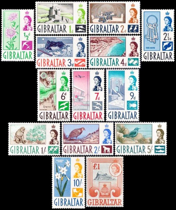 GIBRALTAR/STAMPS, 1960-1965 - ELIZABETH II - SHIELD - FAUNA - VIEWS - STRENGTHS - MAPS - FLOWERS - YV 145/158 - 14 VALUES - MNH