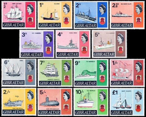 GIBRALTAR/SELLOS, 1967-1969 - SELLOS ORDINARIOS - ELIZABETH II - BARCOS - ESCUDOS - YV 184/97 - 15 VALORES - NUEVO - MINT