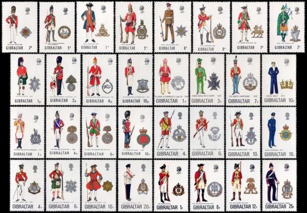 GIBRALTAR/SELLOS, 1969-1976 - ELIZABETH II - UNIFORMES MILITARES - ESCUDOS - YV 224/7 + 232/5 + 274/7  + 284/7 + 297/300 + 308/11 + 316/9 + 338/41 -32 VALORES - NUEVO - MINT