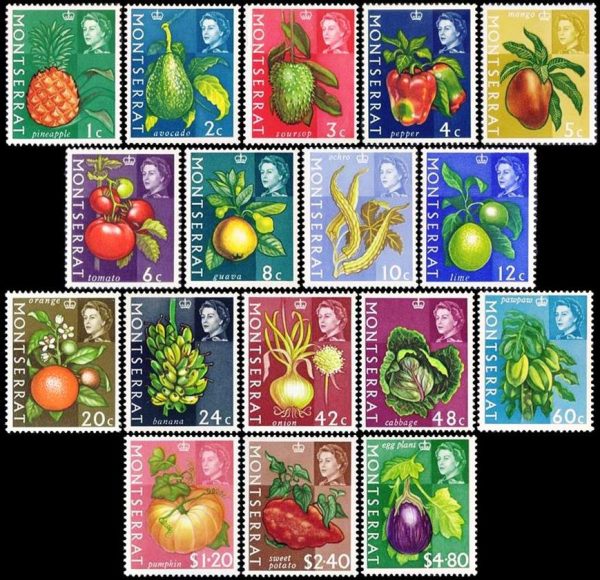 MONTSERRAT/SELLOS, 1965 - SELLOS ORDINARIOS - ELIZABETH II - FRUTOS Y VEGETALES - YV 159/75  - 17 VALORES - NUEVO - MINT