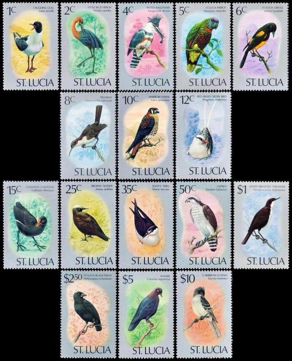 SANTA LUCIA/SELLOS, 1976 - SELLOS ORDINARIOS - AVES - YV 386/401 - 16 VALORES - NUEVO - MINT