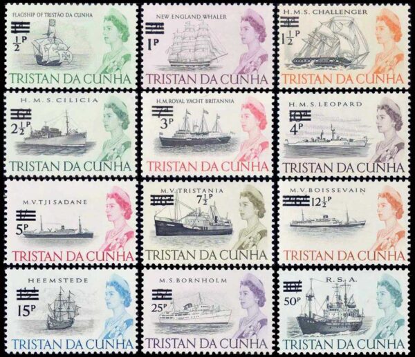 TRISTAN DA CUNHA/SELLOS, 1971 – SELLOS ORDINARIOS – BARCOS – ELIZABETH II – SOBRECARGADOS - YV 141/52 – 12 VALORES – NUEVO - MINT