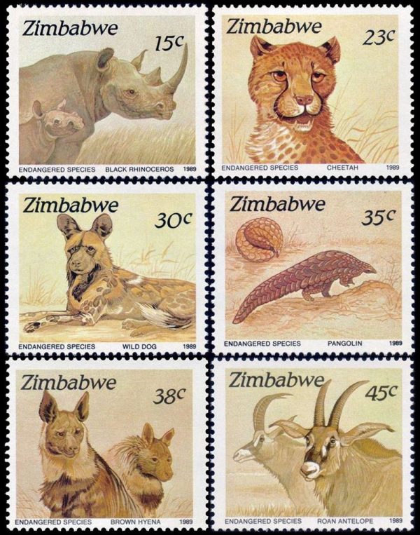 ZIMBABWE/SELLOS, 1989 - FAUNA - ESPECIES EN PELIGRO - MAMIFEROS - YV 186/191 - 6 VALORES - NUEVO - MNH