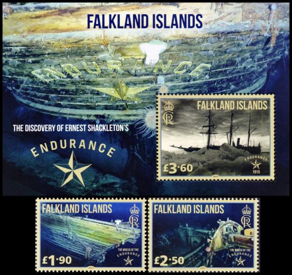 FALKLANDS/STAMPS, 2024 - ERNEST SCHAKLETON - SHIPS - ENDURANCE - WRECK - 2 VALUES + BLOCK