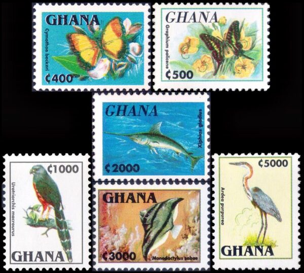 GHANA/STAMPS, 1995 - DEFINITIVES - FAUNA - BUTTERFLIES - FISH - PARROTS - BIRDS - YV 1839/44 - 6 VALUES - MNH