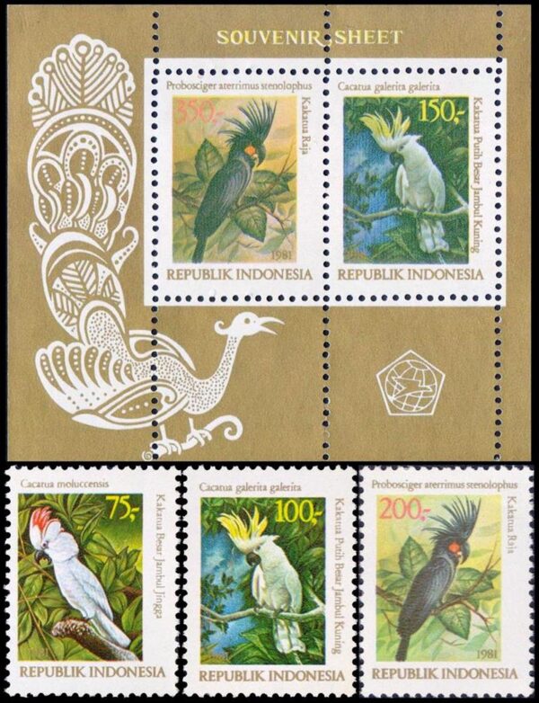 INDONESIA/STAMPS, 1981 - FAUNA - COCKATOOS - YV 929/31 + BF 41 - 3 VALUES + BLOCK - MNH - MINT