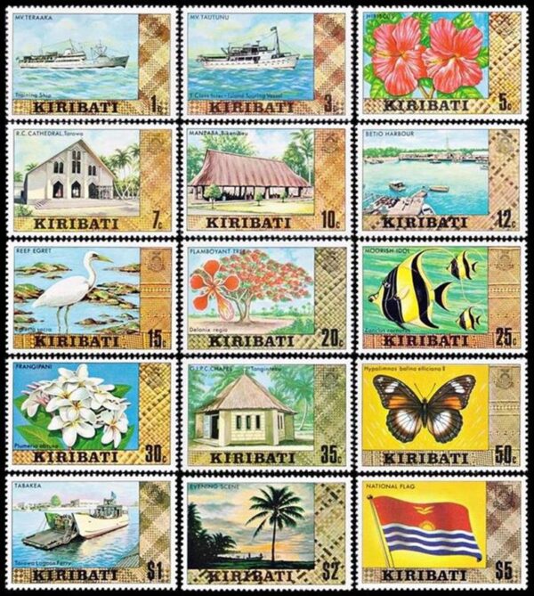 KIRIBATI/SELLOS, 1979 - SELLOS ORDINARIOS - BARCOS - AVES - MARIPOSAS - FLORES - BANDERA - VISTAS - YV 3/16 + YV 32 - 15 VALORES - NUEVO - MINT