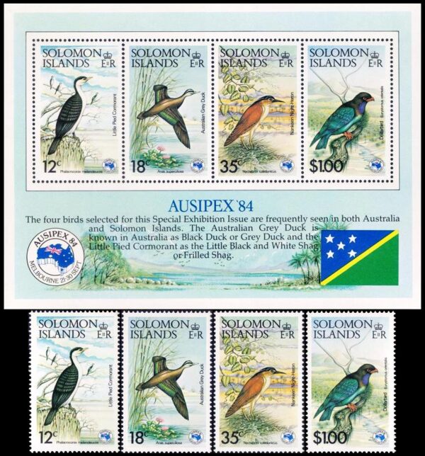 SALOMON/SELLOS, 1984 - FAUNA - AVES - YV 523/26 + BF 15 - 4 VALORES + BLOQUE - NUEVO - MINT