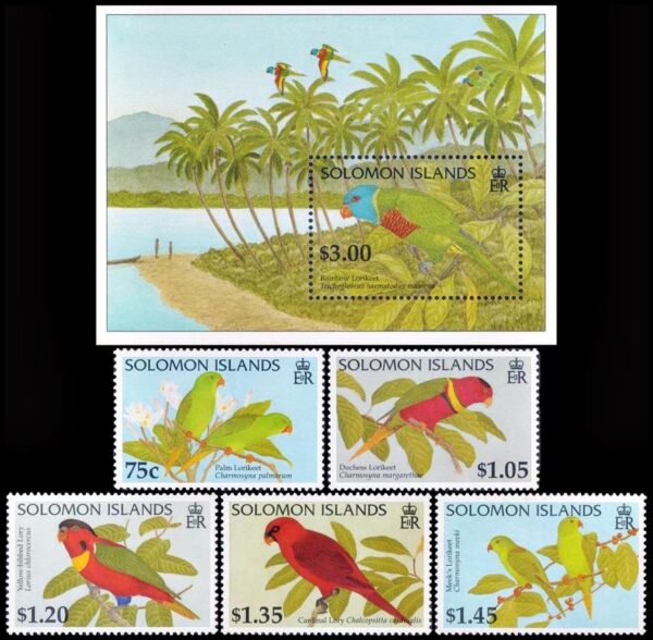 SALOMON/STAMPS, 1996 - FAUNA - PARROTS - PSITTACIDS - YV 860/64 + BL 43 - 5 VALUES + BLOCK - MNH