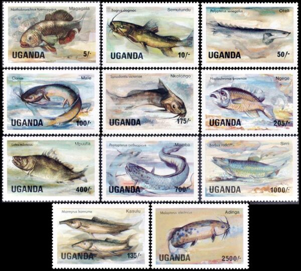 UGANDA/STAMPS, 1984-1985 - DEFINITIVES - FISHES - YV 362/372 - 11 VALUES - MNH