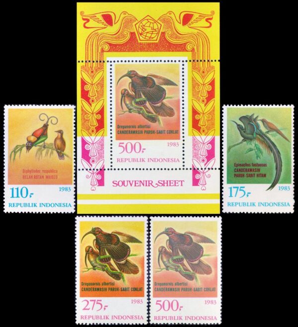 INDONESIA/SELLOS, 1983 - FAUNA - AVES DEL PARAISO - YV 1009/12 + BF 54 - 4 VALORES - NUEVO - MINT