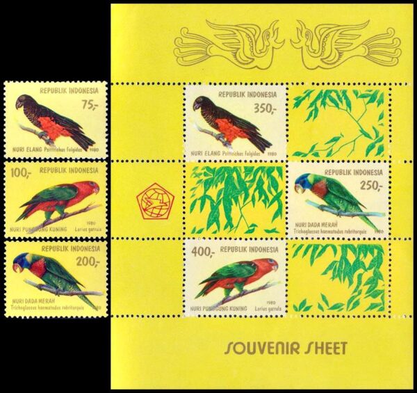 INDONESIA/STAMPS, 1980 - FAUNA - BIRDS - PARROTS - YV 895/97 + BF 36 - 3 VALUES + SOUVENIR SHEET - MNH - MINT