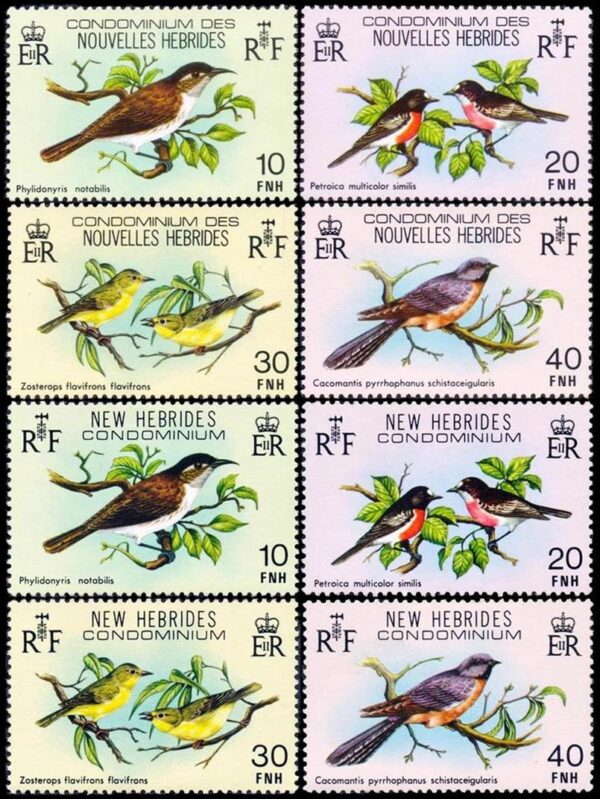 NUEVAS HEBRIDAS/SELLOS, 1979 - FAUNA - AVES - LEYENDA EN INGLES Y EN FRANCES - YV 575/82 - 8 VALORES - NUEVO - MNH