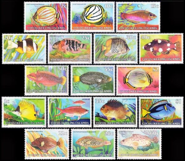 COCOS (AUSTRALIA) SELLOS, 1979-1980 – FAUNA MARINA – PECES – SELLOS ORDINARIOS – YV 34/37 - 40/49 + 50/52 – 17 VALORES – NUEVO - MINT