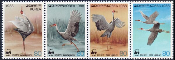 COREA DEL SUR/SELLOS, 1988 – W.W.F. PROTECCION DE LA NATURALEZA – AVES - GRULLA DE CUELLO BLANCO – YV 1400/3 – 4 VALORES – NUEVOS