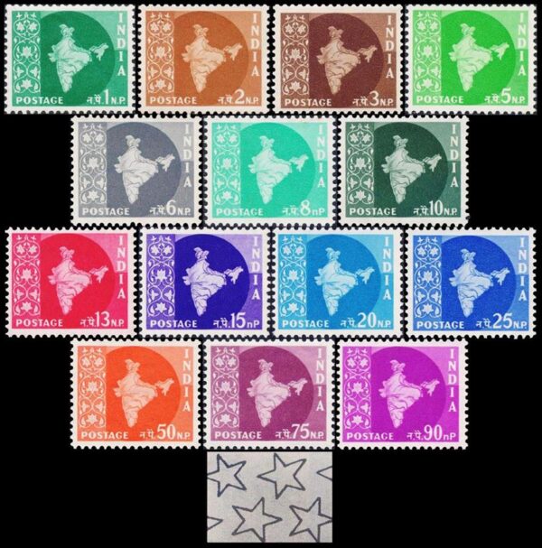 INDIASELLOS, 1957-1958 - SELLOS ORDINARIOS - MAPA DE LA INDIA - YV 71/83 - 14 VALORES - NUEVO - MINT